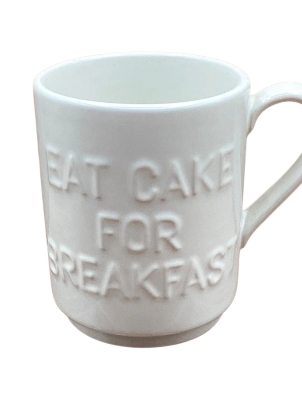 Kate Spade White Embossed Stacking Mug "EAT CAKE FOR BREAKFAST" by Lenox